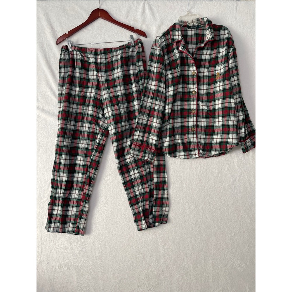 Lauren Ralph Lauren Womens XL Pajama Set Red Green Plaid Cotton Button Down Logo